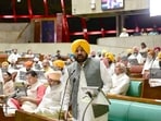 Punjab chief minister Bhagwant Mann address the house on the 2nd day of Monsoon session of Punjab in Chandigarh, India, on Tuesday. (Ravi KumarHT)