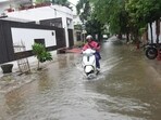 Waterlogging at Vijayant Khand in Gomti Nagar after heavy rainfall in Lucknow. (Deepak Gupta/HT Photo)