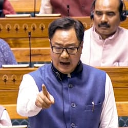 Union minister Kiren Rijiju speaks in the Lok Sabha.
