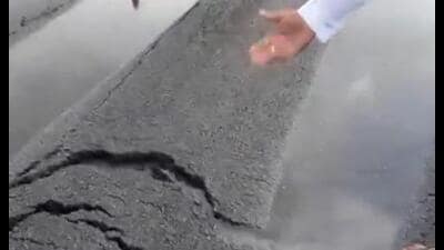 A road surface damage was reported near Korari in Unnao district, barely three weeks after the 63-km greenfield expressway was opened to traffic on July 14 (Sourced) A road surface damage was reported near Korari in Unnao district, barely three weeks after the 63-km greenfield expressway was opened to traffic on July 14 (Sourced)