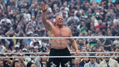 Brock Lesnar reacts after being defeated by Oba Femi during their match during WrestleMania 42 at Allegiant Stadium on April 19, 2026 in Las Vegas (Getty Images via AFP)