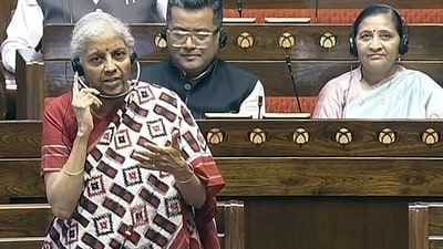 Union Finance Minister Nirmala Sitharaman during the Monsoon session of Parliament, in New Delhi on Tuesday. (Sansad TV/ ANI)