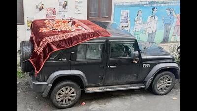 Car damaged after boulder hit in Chamba on Wednesday. (HT Photo) Car damaged after boulder hit in Chamba on Wednesday. (HT Photo)