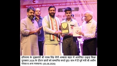 Haryana chief minister Nayab Singh Saini felicitating a student in Ambala in Wednesday. (HT Photo) Haryana chief minister Nayab Singh Saini felicitating a student in Ambala in Wednesday. (HT Photo)