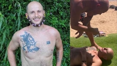 Video shows Kirill Basin shoving Kama Homan before stumbling backward over beach chairs. (via X) Video shows Kirill Basin shoving Kama Homan before stumbling backward over beach chairs. (via X)