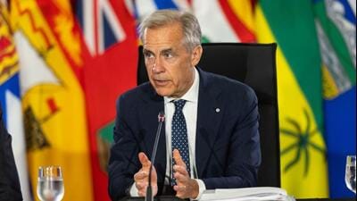Mark Carney, Canada’s Prime Minister, speaks during a summer meeting of Canada’s premiers in Charlottetown, Prince Edward Island, Canada, on July 23. (Bloomberg)
