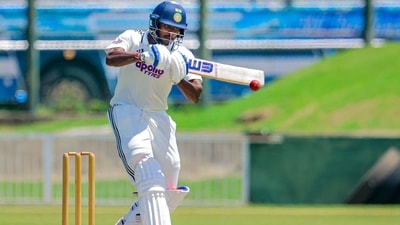 Sai Sudharsan plays a shot on the opening day of the unofficial Test series between India A and Sri Lanka A. (SLC) Sai Sudharsan plays a shot on the opening day of the unofficial Test series between India A and Sri Lanka A. (SLC)