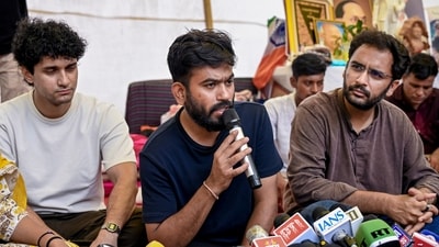 File photo of Cockroach Janta Party (CJP) founder Abhijeet Dipke and party spokepersons Saurav Das and Ashutosh Ranka. (PTI) File photo of Cockroach Janta Party (CJP) founder Abhijeet Dipke and party spokepersons Saurav Das and Ashutosh Ranka. (PTI)