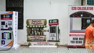 Cutouts of petrol dispensing machines at AAP office ahead of protest against E20 fuel planned by the party this week. (PTI) Cutouts of petrol dispensing machines at AAP office ahead of protest against E20 fuel planned by the party this week. (PTI)