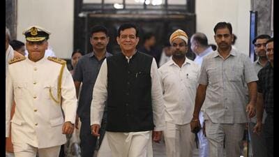 UP Assembly Speaker Satish Mahana arrives to attend the third day of the UP Legislature’s Monsoon Session at the Vidhan Bhavan in Lucknow, on August 5. (Deepak Gupta/HT Photo) UP Assembly Speaker Satish Mahana arrives to attend the third day of the UP Legislature’s Monsoon Session at the Vidhan Bhavan in Lucknow, on August 5. (Deepak Gupta/HT Photo)