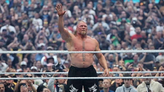Brock Lesnar reacts after being defeated by Oba Femi during their match during WrestleMania 42 at Allegiant Stadium on April 19, 2026 in Las Vegas(Getty Images via AFP)