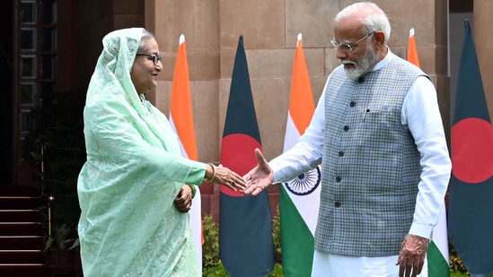 Prime Minister Narendra Modi, with his Bangladeshi counterpart Sheikh Hasina, at the Hyderabad House in New Delhi on June 22.