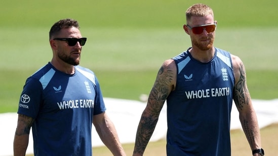 England head coach Brendon McCullum and Ben Stokes during practice