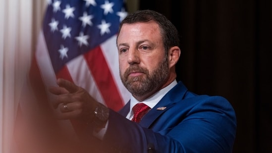 Markwayne Mullin, secretary of the US Department of Homeland Security (DHS), during a news conference in the Eisenhower Executive Office Building in Washington DC.