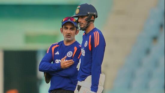 India's captain Shubman Gill, right, talks with head coach Gautam Gambhir . (AP Photo)