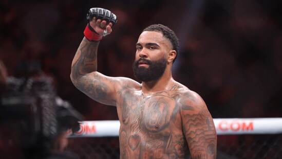 Gable Steveson of the United States celebrates a technical knock out during the first round against Elisha Ellison of the United States in their heavyweight bout during UFC 329 at T-Mobile Arena on July 11, 2026 in Las Vegas.