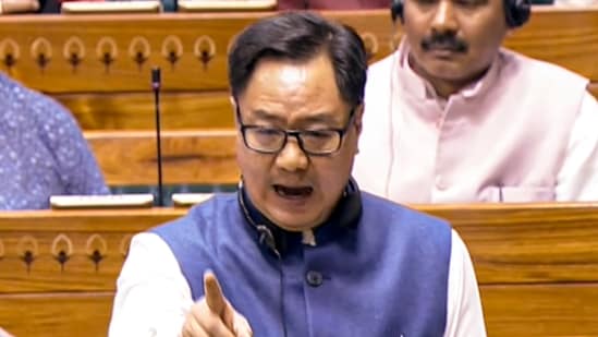 Union minister Kiren Rijiju speaks in the Lok Sabha.