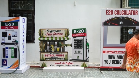 Cutouts of petrol dispensing machines at AAP office ahead of protest against E20 fuel planned by the party this week.(PTI)