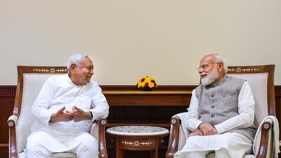 Prime Minister Narendra Modi with Rajya Sabha MP Nitish Kumar during a meeting at the Parliament House, in New Delhi (@PMOIndia)