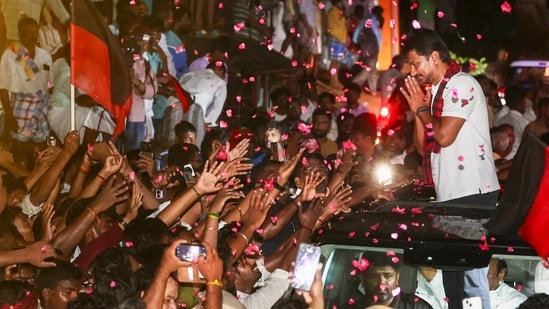 Tamil Nadu Leader of the Opposition Udhayanidhi Stalin being greeted by supporters after being questioned at the Sengipatti police station, in Thanjavur district, Tamil Nadu, Tuesday, Aug. 4, 2026. (PTI)