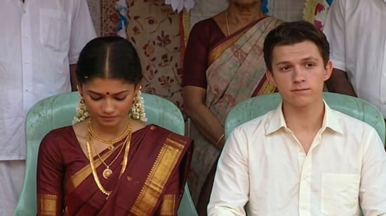 AI envisions Zendaya and Tom Holland’s South Indian wedding: maroon saree, veshti, Avengers in silk and biryani duty. (Instagram/ ihafix)