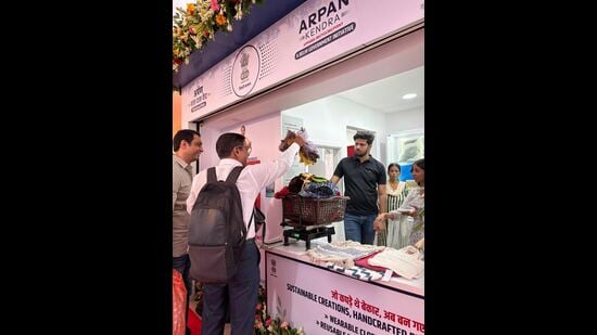 Self-help groups upcycle non-wearable donations into bags and decorative crafts sold at the Arpan Kendras.