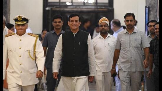 UP Assembly Speaker Satish Mahana arrives to attend the third day of the UP Legislature’s Monsoon Session at the Vidhan Bhavan in Lucknow, on August 5. (Deepak Gupta/HT Photo)