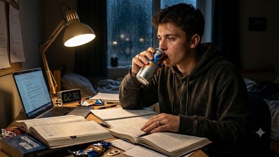 Many students rely on energy drinks to pull all-nighters. (Picture credit: Ai generated)