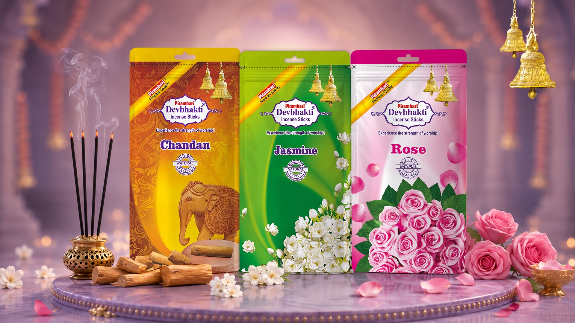 Pitambari Devbhakti Agarbatti is available in a variety of fragrances, including Chandan, Mogra, Rose and Champa. Pitambari Devbhakti Agarbatti is available in a variety of fragrances, including Chandan, Mogra, Rose and Champa.