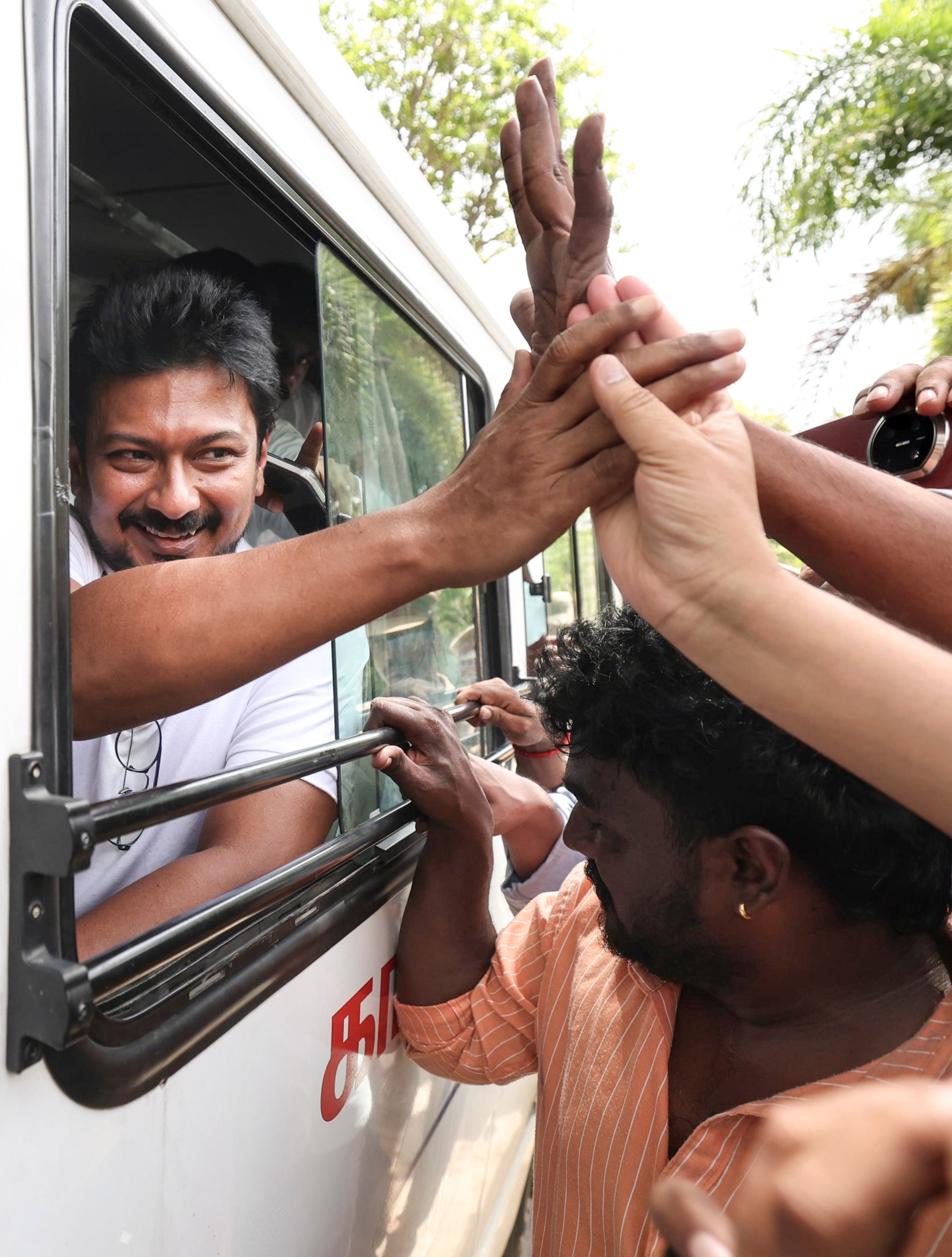 Former Tamil Nadu deputy chief minister Udhayanidhi Stalin being greeted by supporters after his arrest for alleged "double-meaning" remark alluding to popular actor Trisha and insulting her modesty, in Chennai, Tuesday, Aug. 4, 2026. (PTI) Former Tamil Nadu deputy chief minister Udhayanidhi Stalin being greeted by supporters after his arrest for alleged "double-meaning" remark alluding to popular actor Trisha and insulting her modesty, in Chennai, Tuesday, Aug. 4, 2026. (PTI)