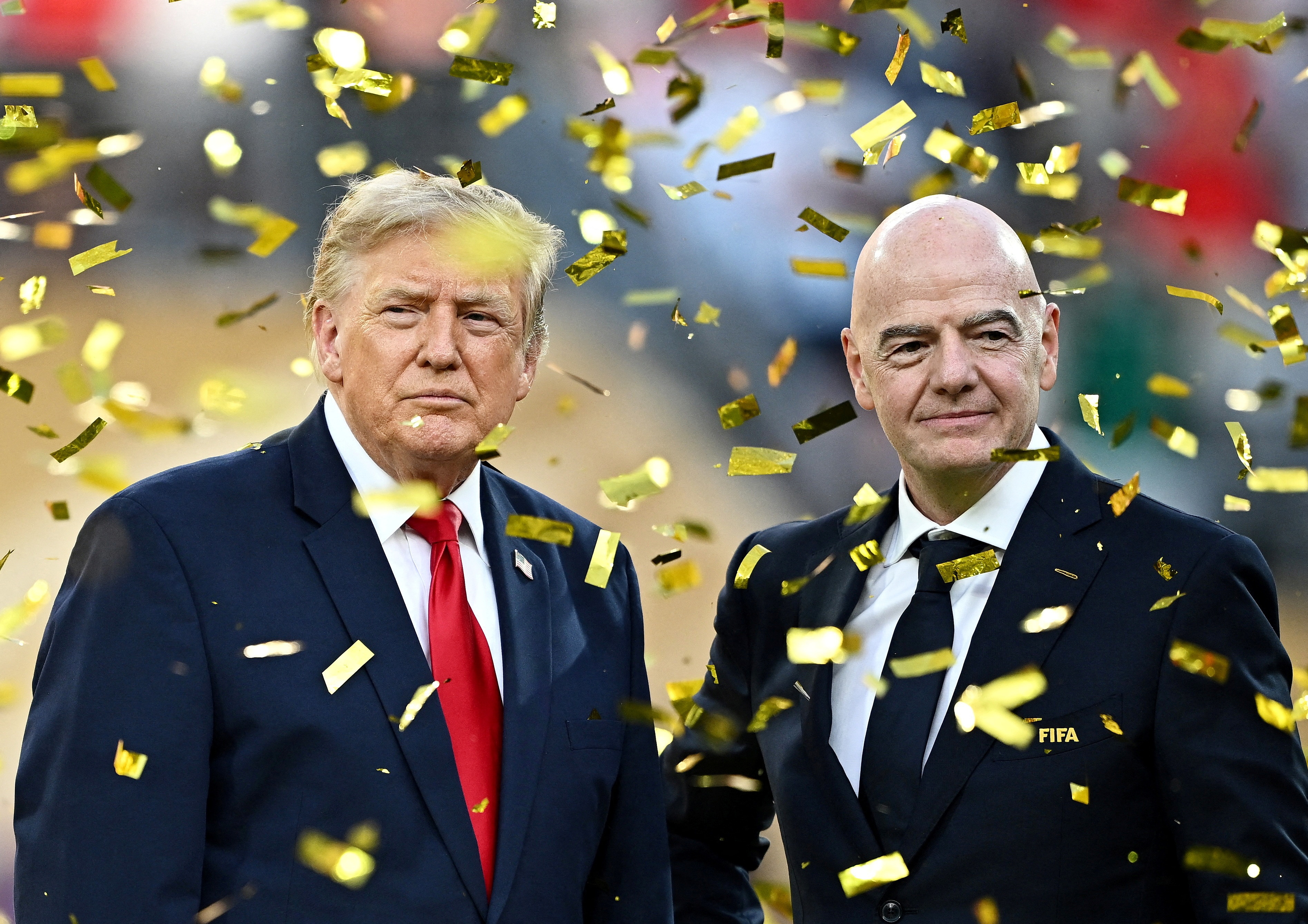 US President Donald Trump and Fifa President Gianni Infantino during the trophy presentation after the world cup final. (Reuters)