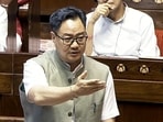 Union Minister Kiren Rijiju speaks in the Rajya Sabha during the Monsoon session of Parliament, in New Delhi (Sansad TV)