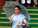 Bharatiya Janata Party MP Kangana Ranaut leaves the Parliament premises after attending the Monsoon Session amid rain, in New Delhi on Thursday. (ANI Photo/Rahul Singh)(Rahul Singh)