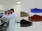 Anupam Kumar and Arvind Bhardwaj working on the extraction process; (right) extracted minerals from a battery. (Official photos)