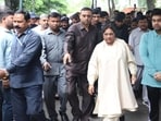 BSP chief Mayawati with late MLA Uma Shankar Singh’s son Prince Yukesh Singh in Ballia on Thursday. (Sourced)