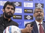 File image of All India Football Federation President Kalyan Chaubey with Indian men’s football team head coach Khalid Jamil during a press conference. (PTI)
