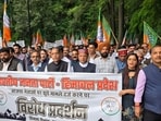 Himachal unit of BJP during protest in Shimla on Wednesday. (Deepak Sansta/HT)
