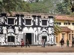 K G Subramanyan’s black-and-white murals cover the design department building at Kala Bhavana art school.