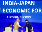Prime Minister Narendra Modi greets Japanese Prime Minister Sanae Takaichi during the India-Japan Joint Economic Forum, in New Delhi.(DPR PMO)