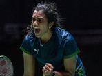 PV Sindhu reacts during the match against Japan’s Akane Yamaguchi. (AFP)