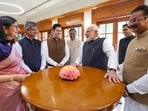 Prime Minister Narendra Modi with Rajya Sabha members. (PTI)
