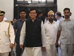 UP Assembly Speaker Satish Mahana arrives to attend the third day of the UP Legislature’s Monsoon Session at the Vidhan Bhavan in Lucknow, on August 5. (Deepak Gupta/HT Photo)