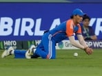 Abhishek Sharma dropping a catch in Indian colours. Abhishek Sharma dropping a catch in Indian colours.