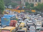 A view of a traffic jam near Okhla Metro Station on NSIC Road due to ongoing PWD Work in Delhi on Wednesday, August 5(RAJ K RAJ /HT PHOTO)
