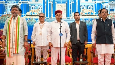 Karnataka Governor Thaawarchand Gehlot with state Chief Minister DK Shivakumar and Deputy Chief Minister G Parameshwara during the Karnataka Cabinet expansion ceremony at Raj Bhavan (@DKShivakumar X) Karnataka Governor Thaawarchand Gehlot with state Chief Minister DK Shivakumar and Deputy Chief Minister G Parameshwara during the Karnataka Cabinet expansion ceremony at Raj Bhavan (@DKShivakumar X)