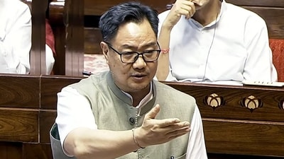 Union Minister Kiren Rijiju speaks in the Rajya Sabha during the Monsoon session of Parliament, in New Delhi (Sansad TV)