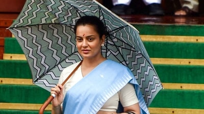 Bharatiya Janata Party MP Kangana Ranaut leaves the Parliament premises after attending the Monsoon Session amid rain, in New Delhi on Thursday. (ANI Photo/Rahul Singh) (Rahul Singh) Bharatiya Janata Party MP Kangana Ranaut leaves the Parliament premises after attending the Monsoon Session amid rain, in New Delhi on Thursday. (ANI Photo/Rahul Singh) (Rahul Singh)