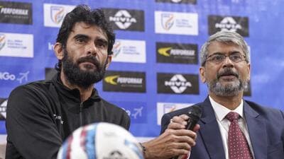 File image of All India Football Federation President Kalyan Chaubey with Indian men’s football team head coach Khalid Jamil during a press conference. (PTI) File image of All India Football Federation President Kalyan Chaubey with Indian men’s football team head coach Khalid Jamil during a press conference. (PTI)