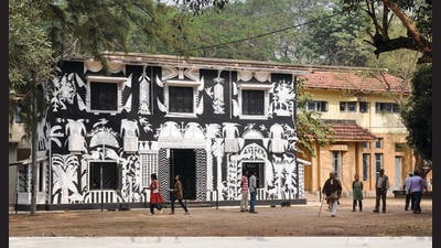 K G Subramanyan’s black-and-white murals cover the design department building at Kala Bhavana art school. K G Subramanyan’s black-and-white murals cover the design department building at Kala Bhavana art school.