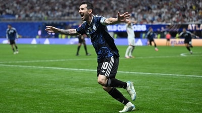 Lionel Messi of Argentina celebrates the team's second goal against England. (Getty Images via AFP) Lionel Messi of Argentina celebrates the team's second goal against England. (Getty Images via AFP)